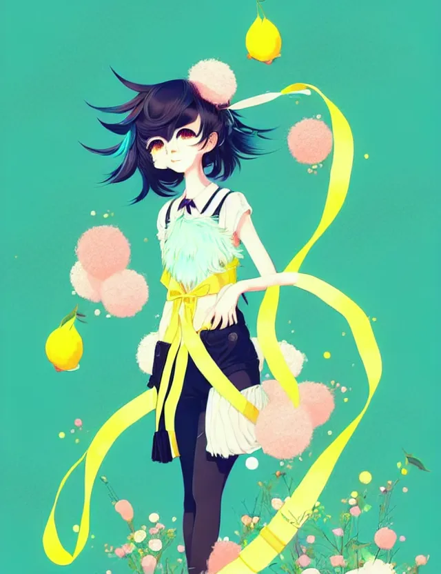 Image similar to a cute anthropomorphic magpie girl anthro wearing a lemon lime ribbon, park background, very anime!!! kawaii!! furry!! intricate details, aesthetically pleasing pastel colors, scenic background, art by conrad roset and ilya kuvshinov. trending on deviantartstation