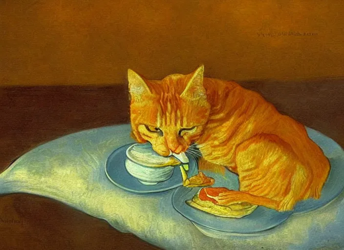 Image similar to detailed realistic realism painting of orange tabby cat eating lasagna at dusk, in the style of vincent van gogh and salvador dali and leonardo da vinci