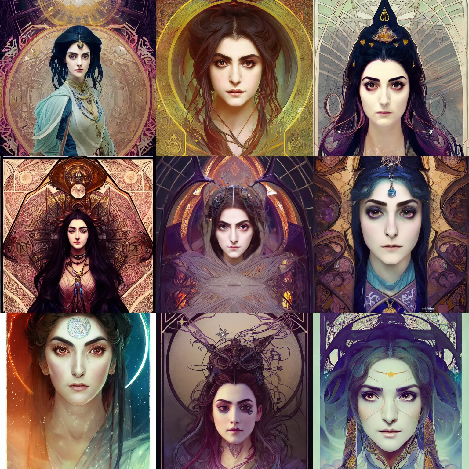 Prompt: masterpiece head-on symmetrical centered painted portrait, Maya Ali as D&D sorcerer, cell-shaded, wearing wizard robes, elegant, tarot card background, in the style of ROSSDRAWS and Ruan Jia and Ross Tran and Alphonse Mucha and Ayami Kojima and Charlie Bowater and Karol Bak and Jean Delville, Pixar, comics, global illumination lighting, rich bright colours