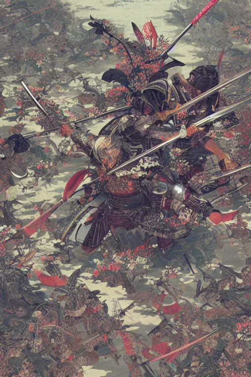 Image similar to hyper detailed illustration of samurai warfare by Yoshitaka Amano, Victo Ngai, Kev Walker, Ross Tran