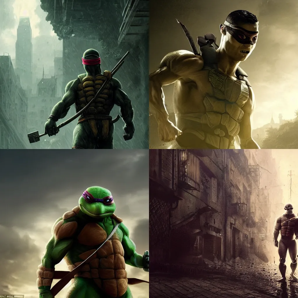 Prompt: Cristiano Ronaldo as a teenage mutant ninja turtle amazing screensaver, screensaver, head slightly tilted, natural light, elegant, sophisticated, fantasy, atmospheric lighting, cinematic, matte painting, Greg Rutkowski