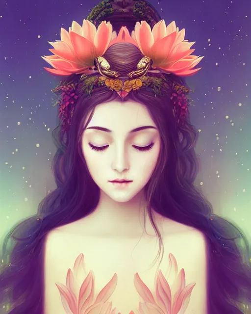 Image similar to the goddess of summer, with lotus on her head, half - length head portrait, dreamy, beautiful, by wlop