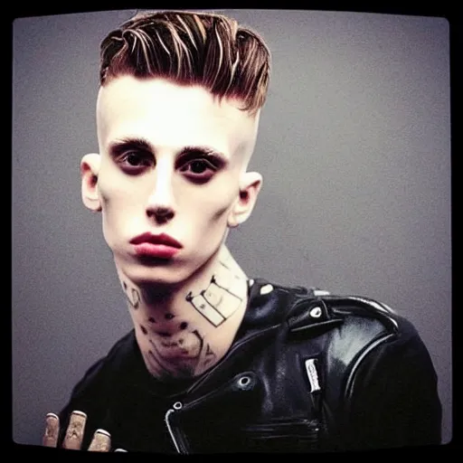 Image similar to “a realistic detailed photo of a guy who is an attractive humanoid who is half robot and half humanoid, who is a male android, rapper Machine Gun Kelly, shiny skin, posing like a statue, blank stare”