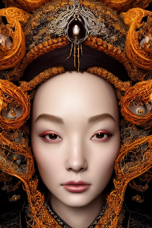 Image similar to a beautiful empress portrait, with a gross, impossible striking big worm headpiece, clothes entirely made out of worms, everything worms, symmetrical, dramatic studio lighting, rococo, baroque, asian, hyperrealism, closeup, D&D, fantasy, intricate, elegant, highly detailed, digital painting, artstation, octane render, 8k, concept art, matte, sharp focus, illustration, art by Artgerm and Greg Rutkowski and Alphonse Mucha