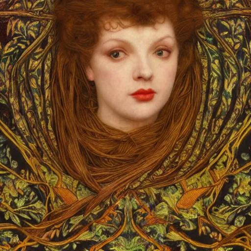 Prompt: masterpiece of intricately detailed preraphaelite photography portrait face hybrid of judy garland and philippa perry, sat down in train aile, inside a beautiful underwater train to atlantis, betty page fringe, medieval dress yellow ochre, by william morris ford madox brown william powell frith frederic leighton john william waterhouse hildebrandt