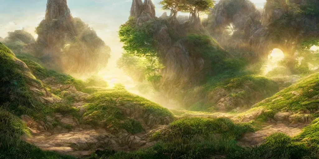 Image similar to lush and beautiful concept art for the shire, floating rocks, arabian castles, sand, golden sun, planets, lord of the rings, peter jackson, studio ghibli, detailed, realistic lighting, volumetric lighting, golden hour,