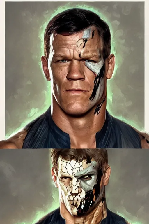 Image similar to portrait of john cena as harvey dent two face, godlike, upper body, fantasy, intricate, elegant, highly detailed, digital painting, artstation, concept art, sharp focus, illustration, art by artgerm and greg rutkowski and alphonse mucha