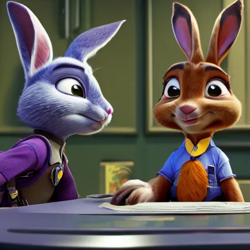 Prompt: Judy Hopps, the rabbit police officer from Zootopia, interrogating Hannibal Lecter, 4k movie still