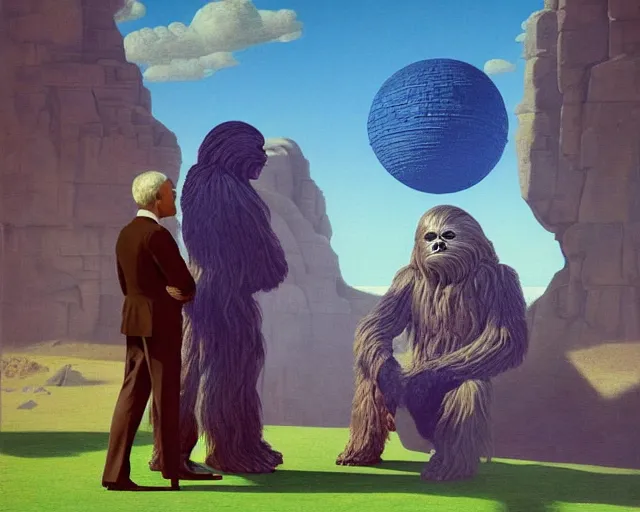 Prompt: wookiee at home trading crypto. the charts are at all time highs, gains, green charts, painting by rene magritte, grant wood and frank frazetta, 3 d rendering by beeple, wlop