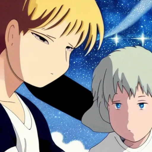 Prompt: Spirited away, guy with dark blonde hair and blue eyes in space, profile picture
