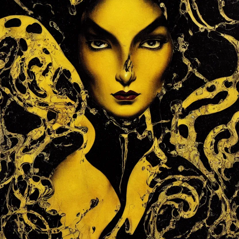 Image similar to a dark baroque close - up portrait of a yellow and black porcelain being made out of white liquid sci - fi vitrified translucent ceramic marble ; china. reflective detailed textures. gloomy black background. highly detailed fantasy science fiction painting by moebius, norman rockwell, frank frazetta, and syd mead. rich colors, high contrast. artstation