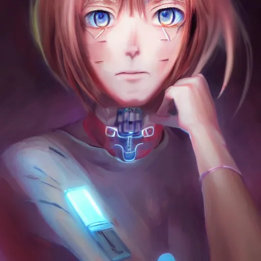 Prompt: A realistic anime painting of a broken cyborg woman with glowing crystal blue eyes. digital painting by Sakimichan, Makoto Shinkai, Rossdraws, Pixivs and Junji Ito, digital painting. trending on Pixiv. SFW version —H 1024