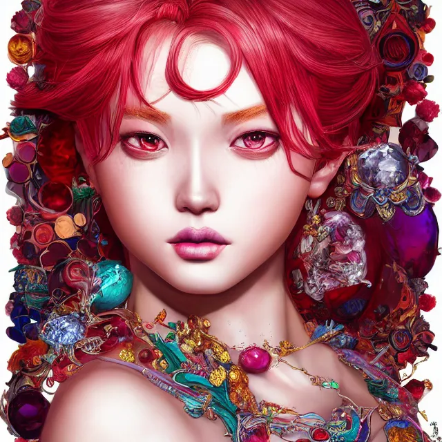 Image similar to an absurdly beautiful, elegant, young hypercolorful sensual gravure idol partially made up of rubies and red gems, ultrafine hyperrealistic detailed face illustration by kim jung gi, irakli nadar, intricate linework, sharp focus, bright colors, matte, octopath traveler, final fantasy, unreal engine highly rendered, global illumination, radiant light, intricate environment