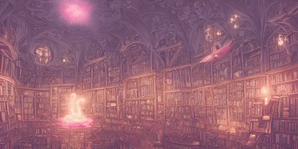 Prompt: pink library in the style of baroque, star roof, flying magic books, dreamy, smoke, hogwarts style, birds, roses, fairy tale, evening lights, highly detailed, artstation, mysterious, comfort, in the style of aetherpunk