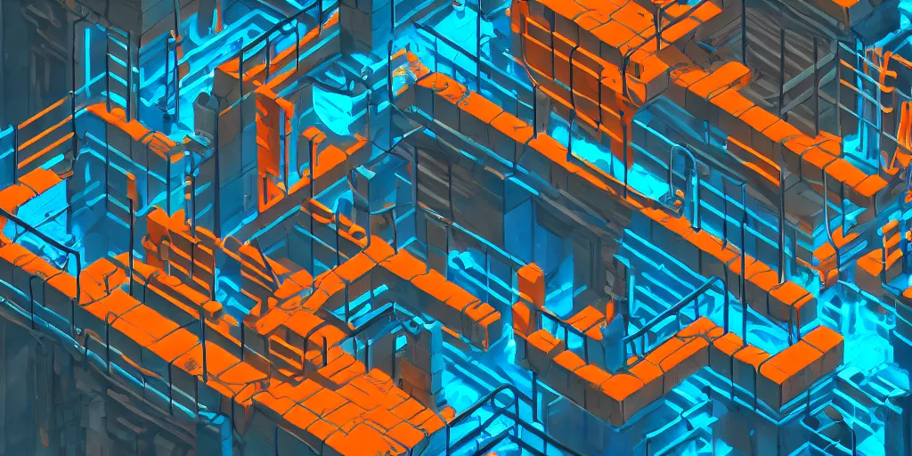 Prompt: cyberpunk dungeon, ancient caves, blue and orange neon lines along the wall, bluestone walls, isometric, trending on artstation