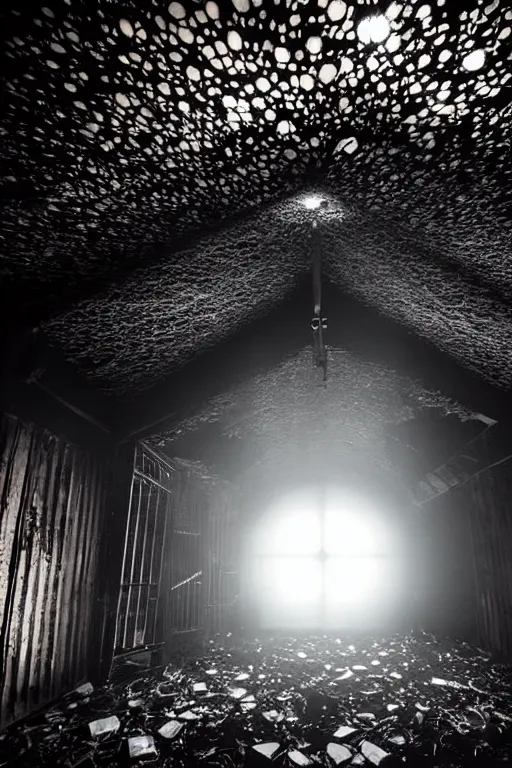 Prompt: desaturated HEAVENLY interior made of salvaged industrial materials in abandoned basement, CARDBOARD TUNNELS painted glossy black, glittering bursts of LED light and lens flares, ASYMMETRICAL irregular brutalist blackmetal spiraling jagged WINGED sculptures made of glossy black liquid latex and industrial hardware, designed by nancy grossman and anish kapoor, directed by gaspar noe, 8k, photorealistic, shallow depth of field, highly textured and hyperdetailed, 8mm fisheye lens, dutch angle