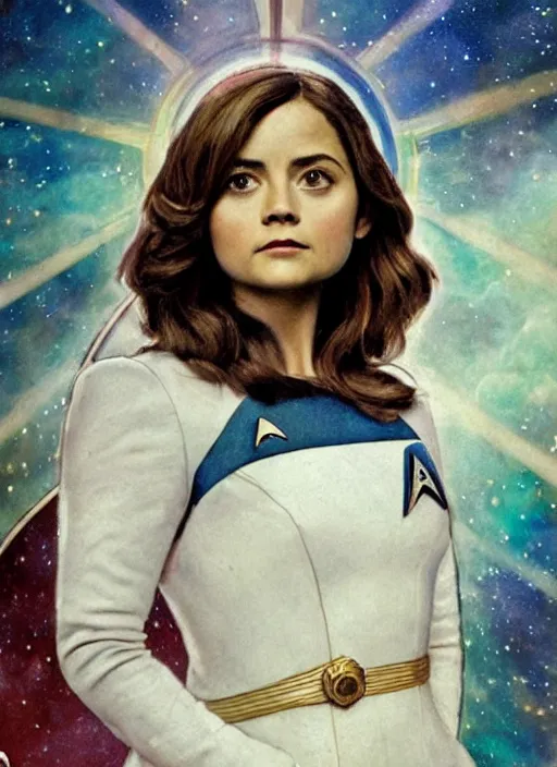 Prompt: jenna coleman as a star trek captain, a still from star trek painted by alphonse mucha. clear highly detailed face, beautiful sci fi art