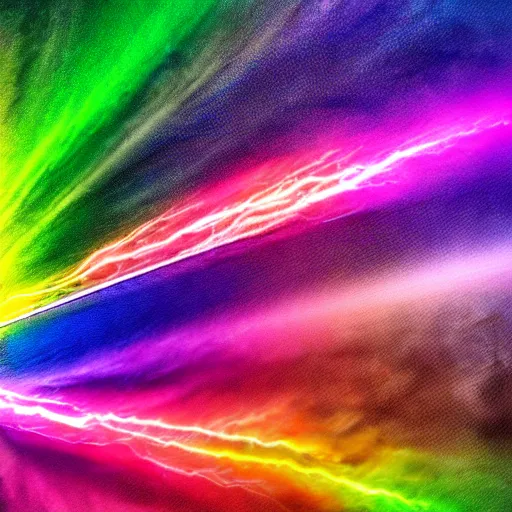 Prompt: Chromatic prismatic lightning bolt, photograph, multicolor, rainbow-colored