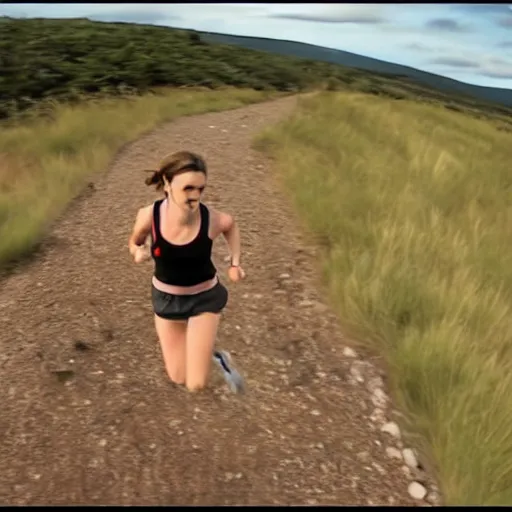 Prompt: screenshot of go pro footage from front view emma watson running in front of tiger