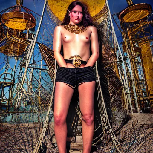 Image similar to A perfect female goddess stands for a waist up portrait with her body totally and tightly wrapped in thin gold wire creatively arranged so as to look like biker tattoos, in an abandoned amusement park, hyper photo realistic 8K HD HDRI, photo by Annie Leibovitz.