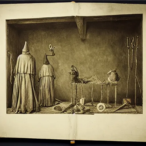 Image similar to collodion photography, plague doctors in the mist with weird rube goldberg machines, minimalist, joel peter witkin, heironymus bosch, gustave dore, beksinski, giger'