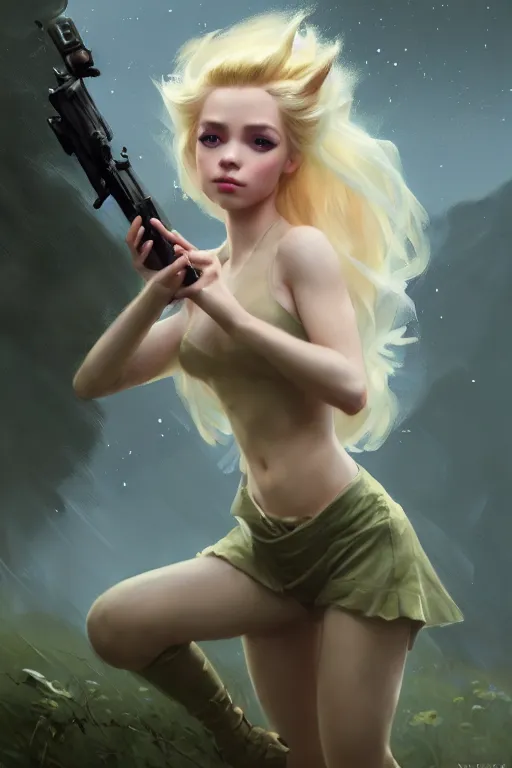 Image similar to cinematic shot of an epic portrait of a cute blonde fairy dressed in military clothes, stylised military clothes, shiny skin, beautiful eyes, beautiful, small details, night setting, realistic poster with volumetric light from craig mallism, artgerm, jeremy lipkin and michael garmash, unreal engine, radiant light, digital art, trends at art station, a masterpiece