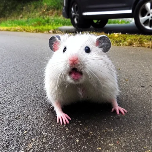 Image similar to soaking wet hamster begging for change on the side of the road