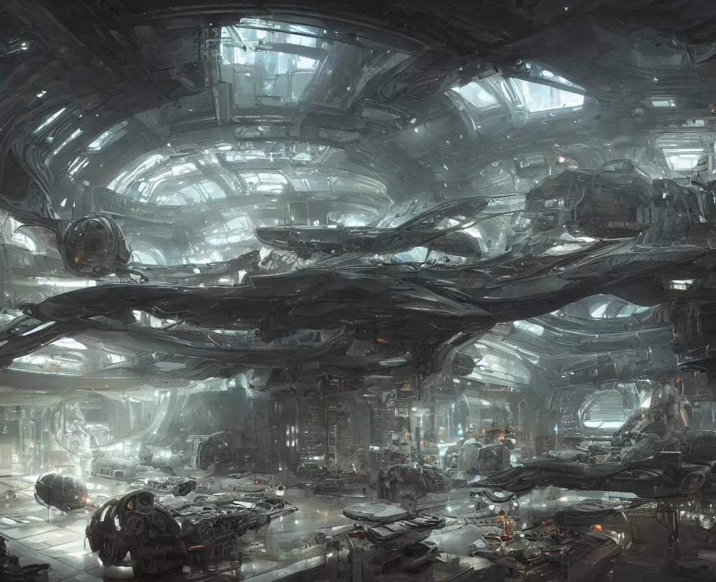 Image similar to the inside of a futuristic mechanic spaceshop, spaceship being repaired, highly detailed interior, holographic screen in center frame by peter mohrbacher and craig mullins, dieselpunk, cyberpunk, firefly, cryengine render, hyper realism, realistic shading, cinematic composition, realistic render, octane render, detailed textures, photorealistic