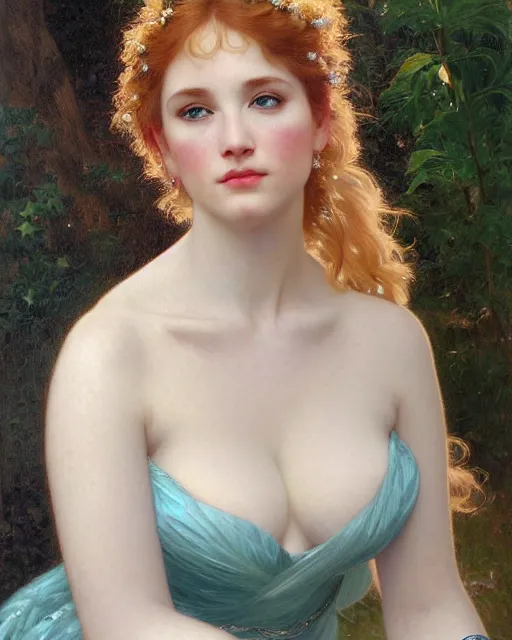 Image similar to realistic oil painting of young 1 8 - year old christina hendricks wearing an iridescent wedding dress covered in pearls, highly detailed, intricate,, elegant, digital painting, smooth, sharp focus, illustration, ultra realistic, 8 k, by bouguereau, alphonse mucha, artgerm, and donato giancola