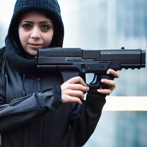 Image similar to photographic portrait of a techwear woman holding a Glock 18, closeup, on the rooftop of a futuristic city at night, sigma 85mm f/1.4, 4k, depth of field, high resolution, 4k, 8k, hd, full color