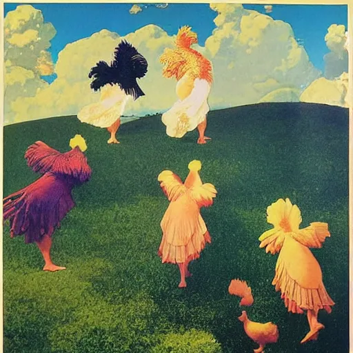 Image similar to seven chickens in dresses, maxfield Parrish