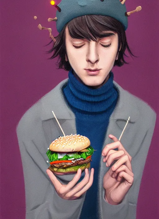 Image similar to portrait of teenage jughead jones wearing a light grey crown, crown, eating hamburger, blue turtleneck, eyes closed, crown, black hair, intricate, elegant, glowing lights, warm lighting, highly detailed, digital painting, artstation, concept art, smooth, sharp focus, illustration, art by wlop, mars ravelo and greg rutkowski