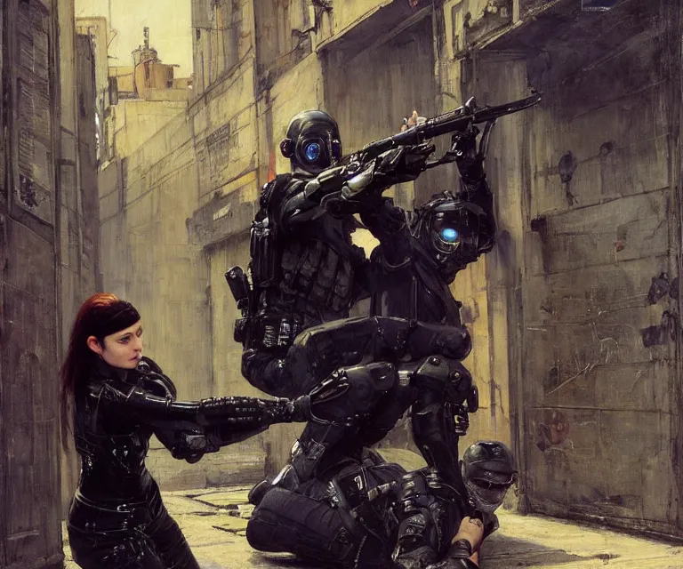 Image similar to Maria evades sgt rhodes. Cyberpunk hacker escaping Menacing Cyberpunk police trooper wearing a combat vest. (dystopian, police state, Cyberpunk 2077, bladerunner 2049). Iranian orientalist portrait by john william waterhouse and Edwin Longsden Long and Theodore Ralli and Nasreddine Dinet, oil on canvas. Cinematic, vivid colors, hyper realism, realistic proportions, dramatic lighting, high detail 4k