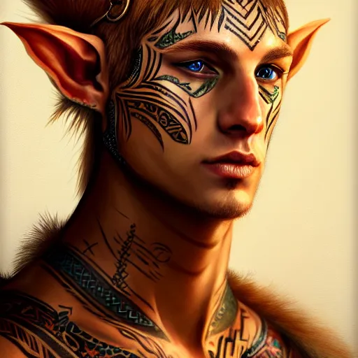 Image similar to portrait painting of an elven young man with short light orange hair and tribal tattoos on his face wearing fur armor, sharp focus, award - winning, trending on artstation, masterpiece, highly detailed, intricate. art by aurore folny
