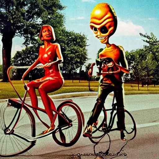 Image similar to The Mars Attacks aliens have a grand old time riding a tandem bicycle through the park.