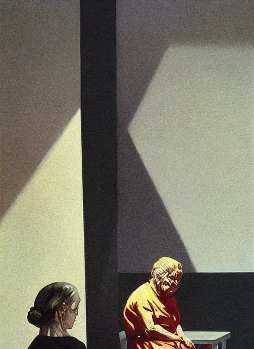 Prompt: orthographic old woman with a cane with hysterical facial expression at the art deco hospital painting by Edward Hopper and James Gilleard, Zdzislaw Beksinski highly detailed