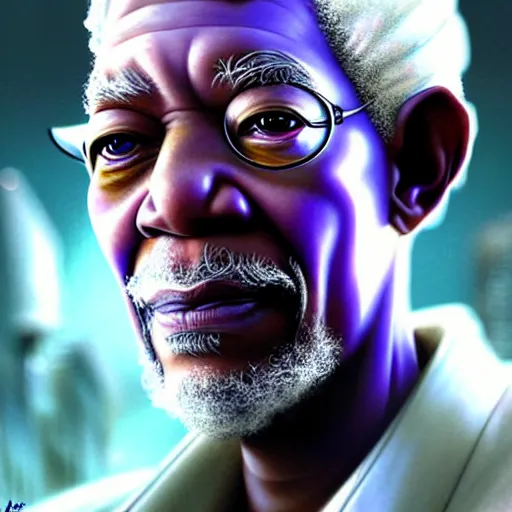 Prompt: portrait painting of a cyberpunk elven morgan freeman wearing a white and purple suit, ultra realistic, concept art, intricate details, eerie, highly detailed, photorealistic, octane render, 8 k, unreal engine. art by artgerm and greg rutkowski and charlie bowater and magali villeneuve and alphonse mucha