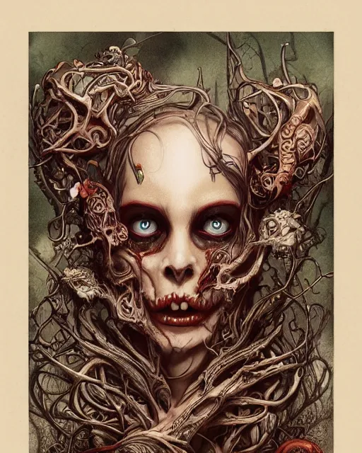 Image similar to perfectly centered portrait front view of a angry dead rotten beautiful female skull growing ornamentation all around, ornate, detailed, symmetrical, elegant, beautifully soft lit, by wayne barlowe, peter mohrbacher, kelly mckernan