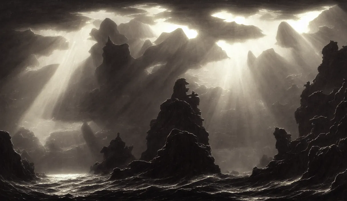 Image similar to low ultrawide shot, dark, underwater statues, submerged pre - incan temple with carvings, abyss, stylized, anime style mixed with fujifilm, detailed gouache paintings, crepuscular rays, dark, murky, foggy, atmospheric, nicola samori, albert bierstadt, frederic edwin church, beksinski, wayne barlowe's inferno