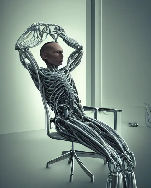 Image similar to a hyperrealistic painting of a human cyborg sitting in a chair with limbs stretched out, tied with electrical cables connected to infinite supercomputers, flood of images flowing from his head, tesseract, vitruvian man, 3 d render, octane, trending on artstation, concept art, insane details, zoomed out