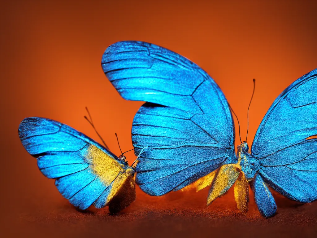 Prompt: macro photography of a blue and gold butterfly, bokeh, glowing fog, trending on artstation
