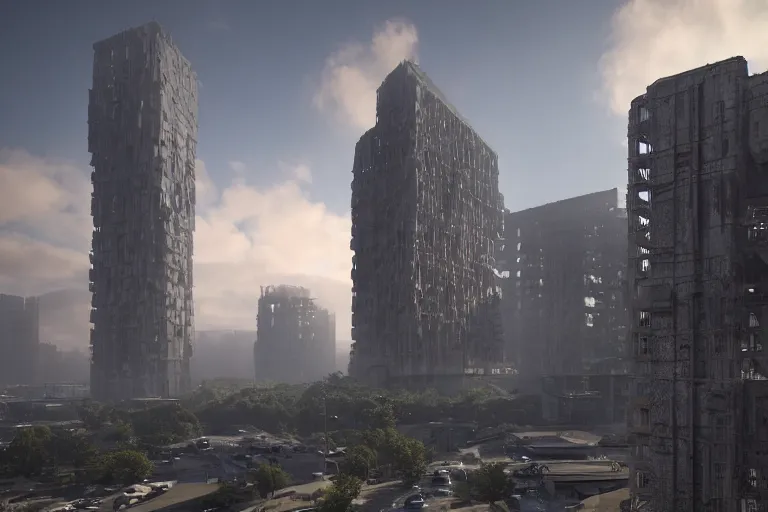 Image similar to streetscape, a towering cathedral of brutalist architecture, buildings covered with greebles, stunning volumetric light, sunset, metal, concrete and translucent material, stunning skies, majestic landscape, trending on Artstation, 8k, photorealistic, hyper detailed, unreal engine 5, IMAX quality, cinematic, epic lighting, in the style of Greg Rutkowski