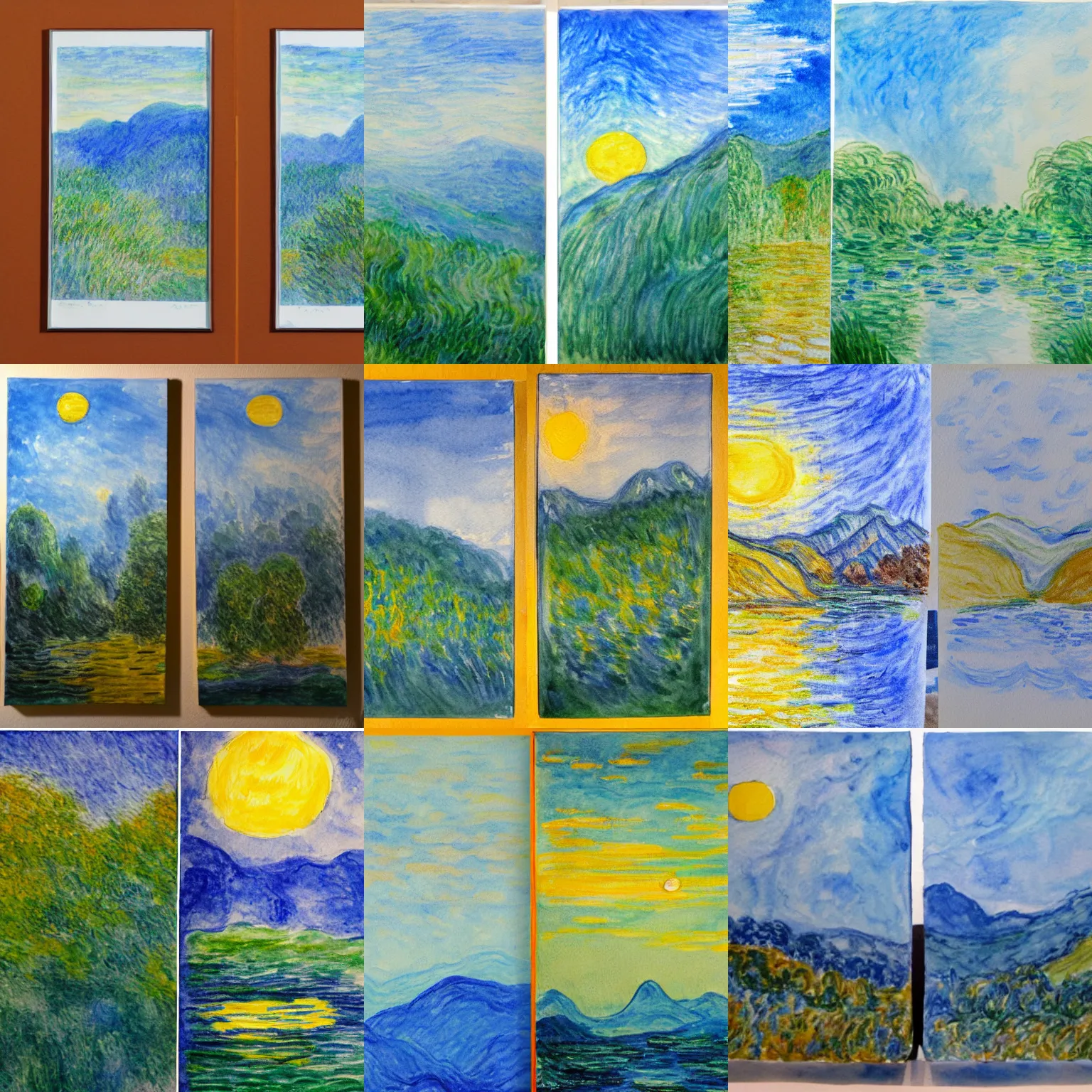 Prompt: a water color painting of two side by side panels of layered blue mountains with a white background and a bright yellow sun. beautiful serene feeling of being in nature in the style of monet