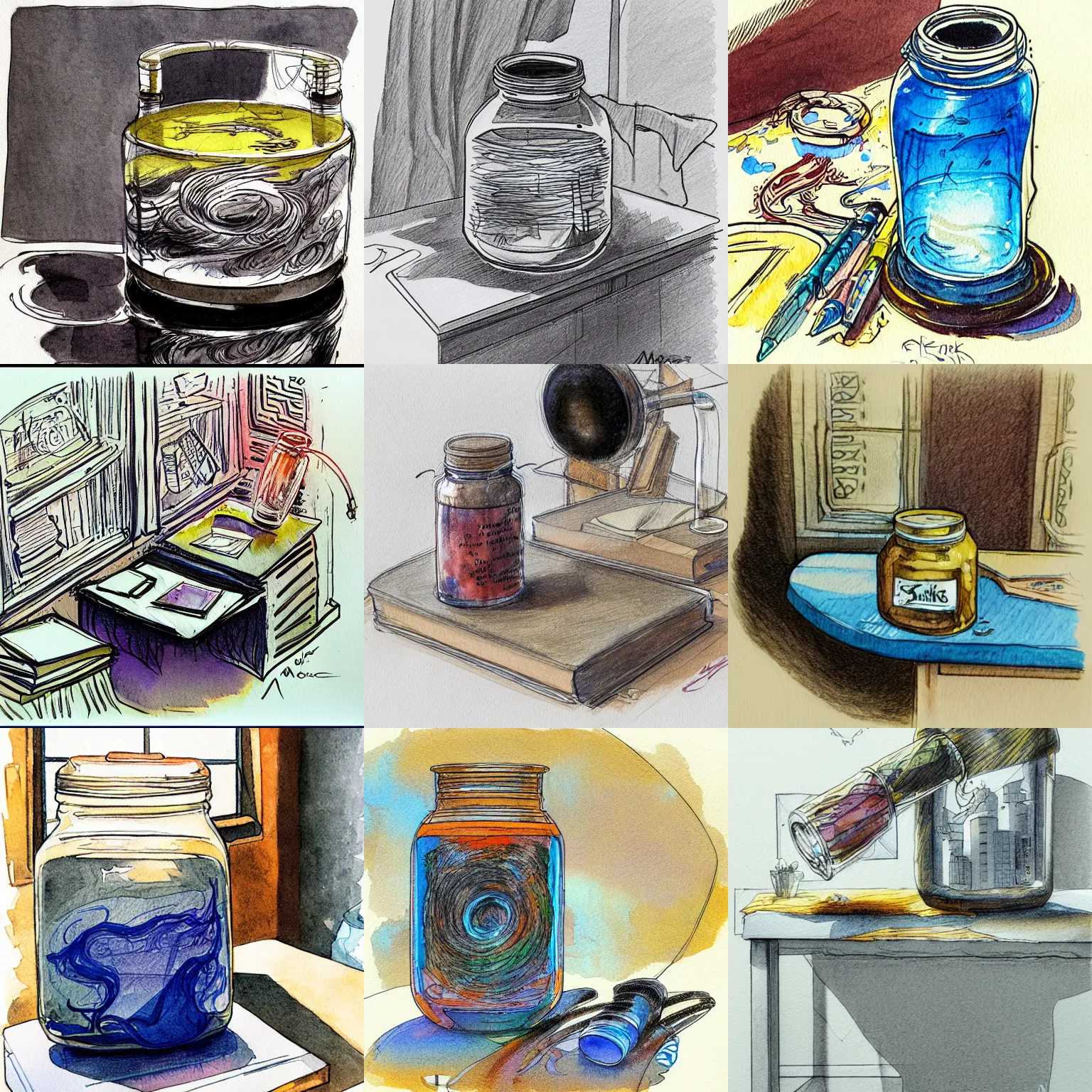 Prompt: sketch of jar of swirling ink on a desk, afternoon lighting, watercolor, heavy metal, by moebius