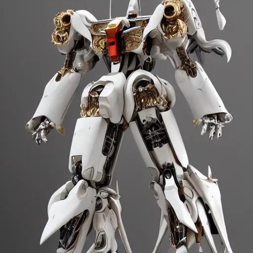 Prompt: futuristic papal mecha, ivory gundam, carved white marble mechanical exoskeleton wearing hardsurface armour, inlaid with gold, ivory rococo, wings lace wear, sculpted by spider zero, zaha hadid, trending on artstation, beautifully lit, hyper detailed, insane details, intricate