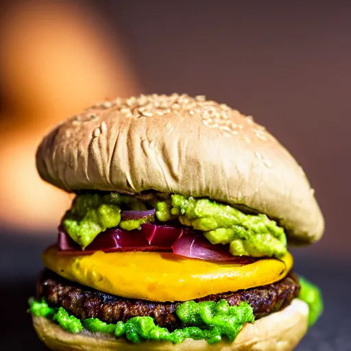 Prompt: juicy vegan hamburger topped with guacamole, fried onion and a fried egg, crispy buns, 8 k resolution, professional food photography, studio lighting, sharp focus, hyper - detailed