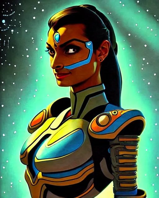 Image similar to symmetra from overwatch, character portrait, sci - fi armor, portrait, close up, concept art, intricate details, highly detailed, vintage sci - fi poster, retro future, in the style of chris foss, rodger dean, moebius, michael whelan, and gustave dore
