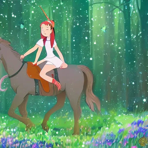 Image similar to a bautiful girl riding a unicorn in the forest. Digital art in the style of studio ghibli