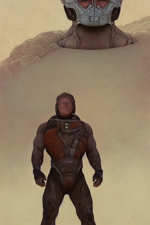 Image similar to upper body portrait of an older brock lesnar wearing a scifi dune stillsuit, nebula in the background, illustration by normal rockwell and greg rutkowski and alphonse mucha