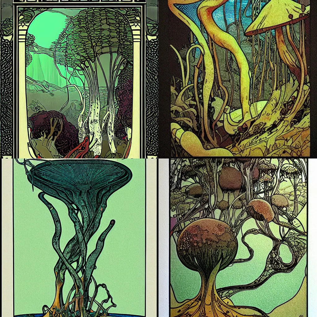 Prompt: studio light, art nouveau, fungal growth landscape by moebius, art nouveau, clean lines